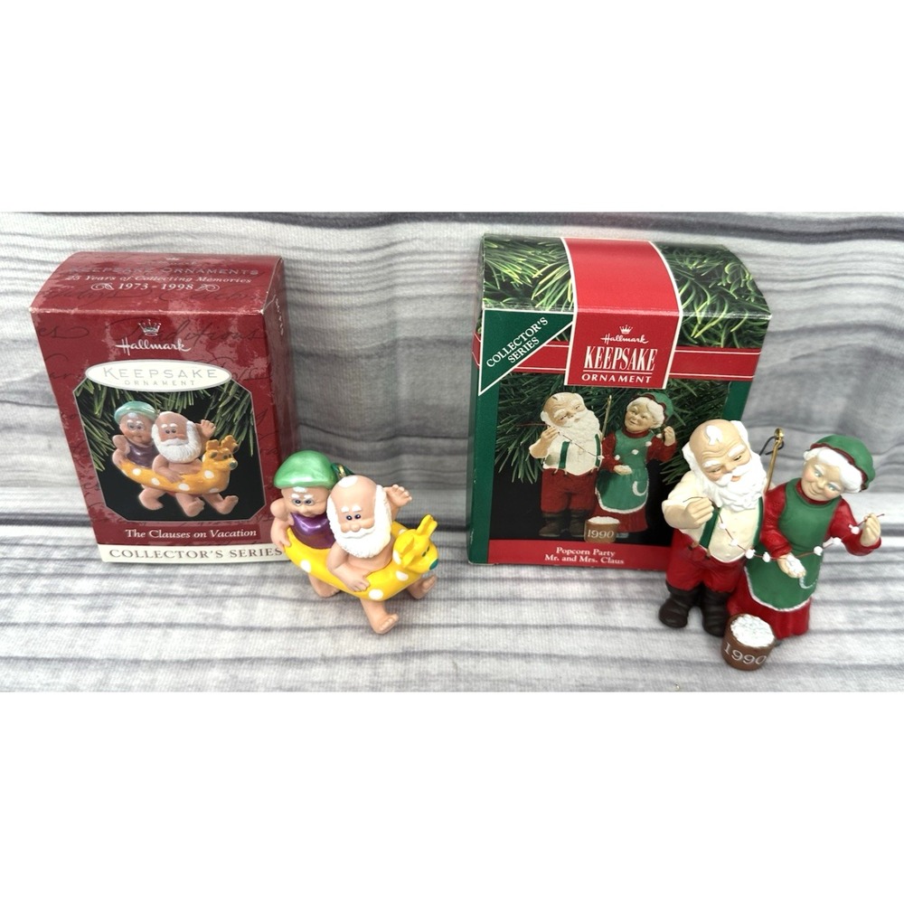 HALLMARK KEEPSAKE ORNAMENTS  POPCORN PARTY 1990 ‎ THE CLAUSES ON VACATION 1998